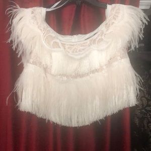 Tadashi Shoji ivory crop top with feathers